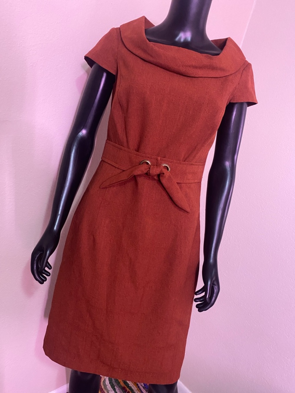 Vintage Karin Stevens Rust Brown Midi Dress with Tie Waist